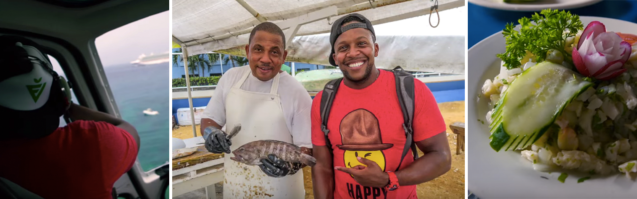 banner with images of man in helicopter, man with cook and plated Caribbean dish