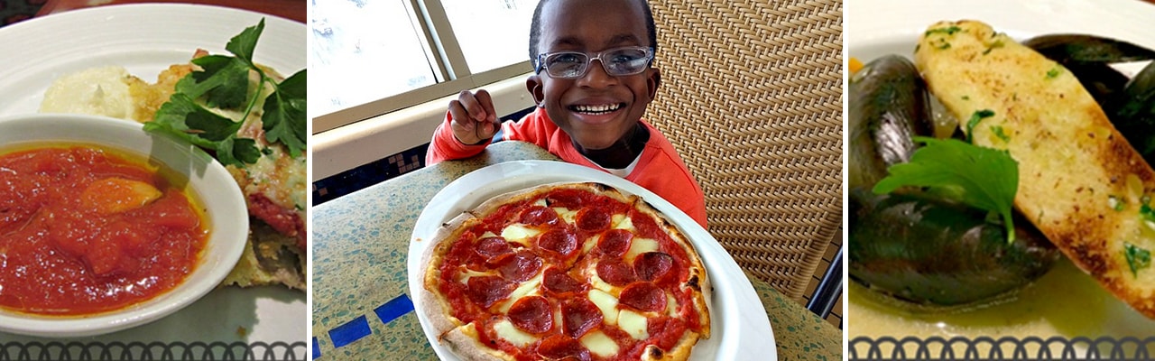 banner with images of plated dishes veal parmesan boy with pepperoni pizza and oysters