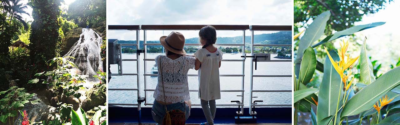 banner with images of Jamaica jungle, plants and woman and child from carnival cruise deck