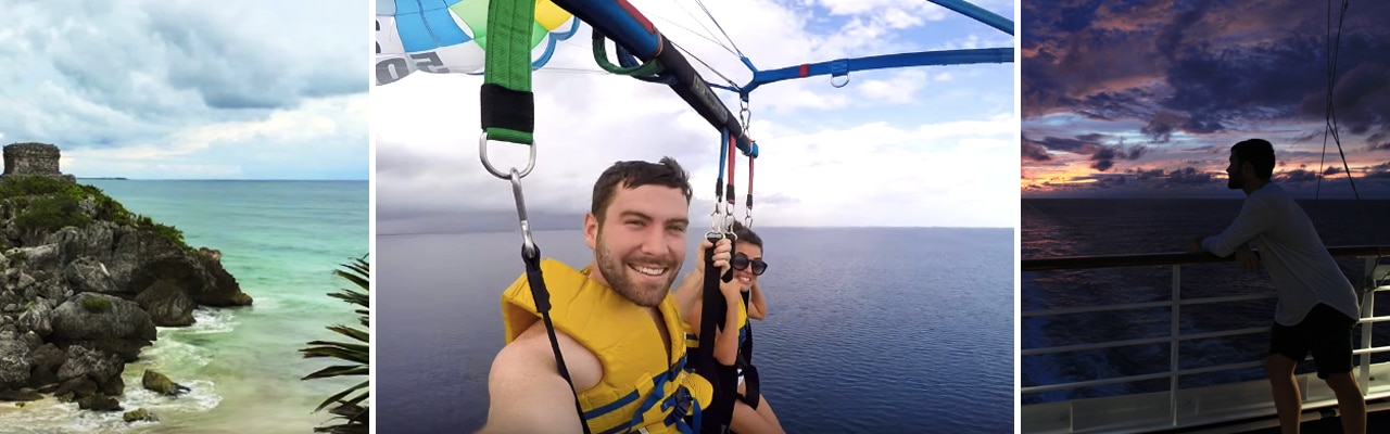 banner with images of people enjoying Caribbean beach parasailing and sunset on ship deck
