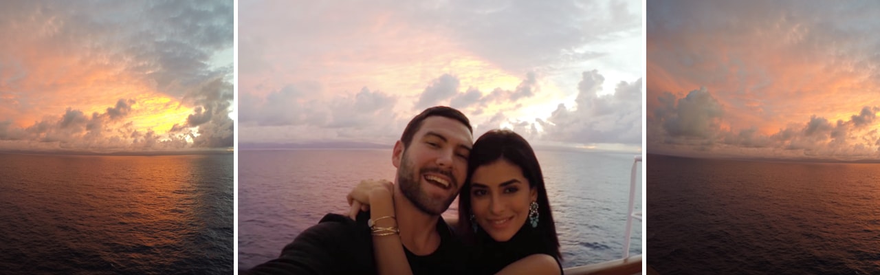 banner with images of sunset photos from ship and couple posing or selfie