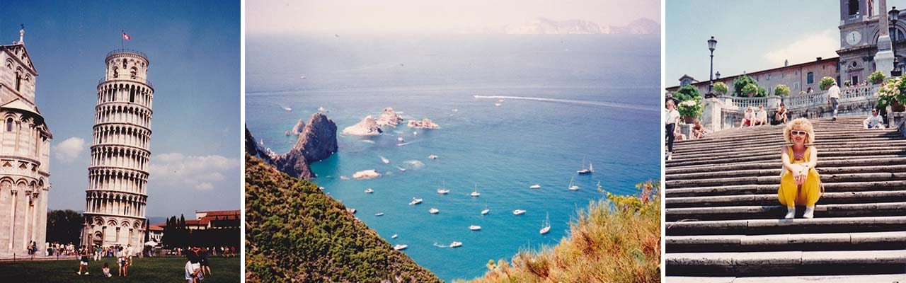 banner with images of Europe destinations leaning toward of Pisa ponzu Italy Spanish steps in Rome