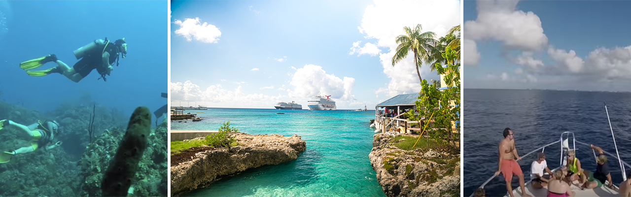 banner with images of Caribbean views scuba diving ships across water and people on boat