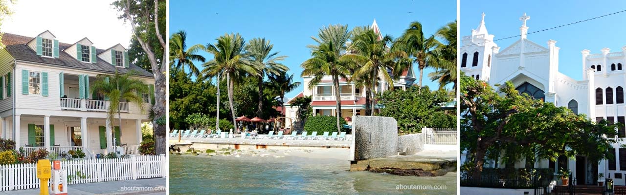 banner with images of key west houses, beach and church