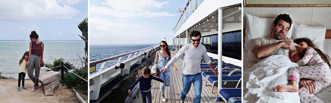 banner with images of a family enjoying cruise on beach on the deck and in stateroom bed