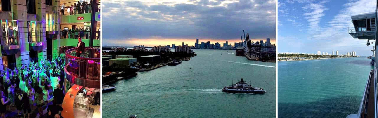 banner with images of cruise highlights deck party views of Miami and ocean