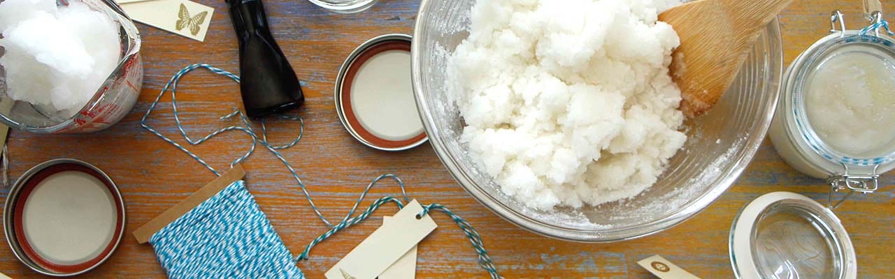 banner of overhead view of vanilla coconut sugar scrub ingredients