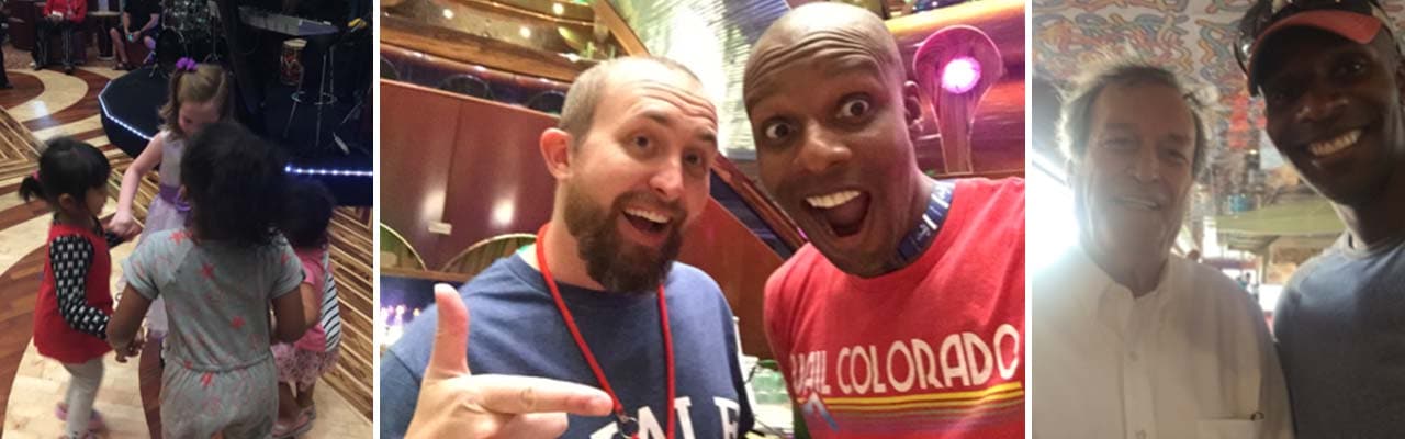 Banner showing father and two daughters meeting new people on their Western Caribbean cruise