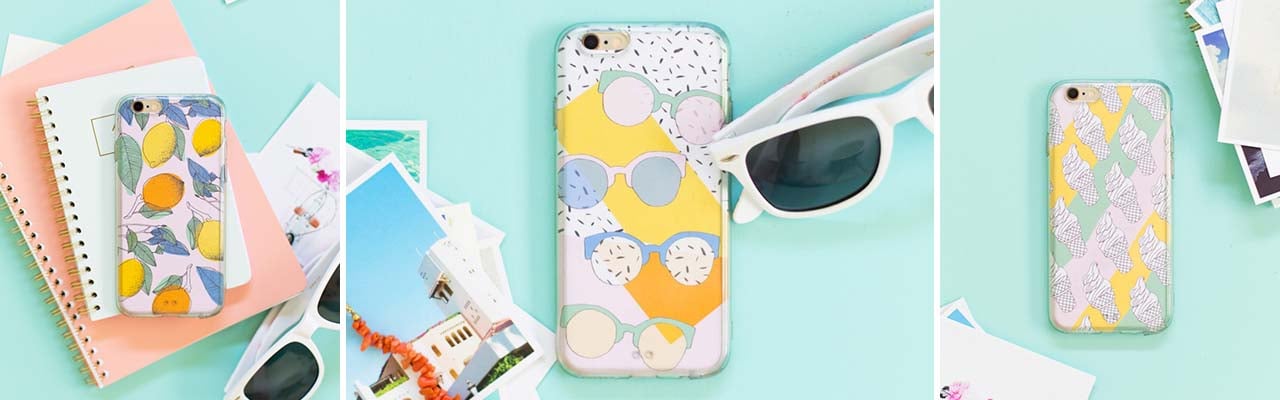 Banner with images showing smartphone cases with three different patterns