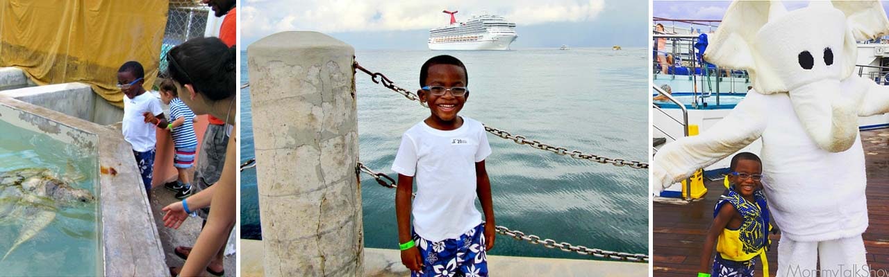 Banner with images of boy watching turtle, boy posing with carnival ship in distance and boy posing with towel animal mascot