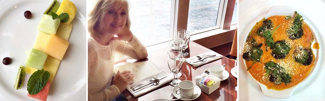 Banner with images of food and woman sitting at dining table