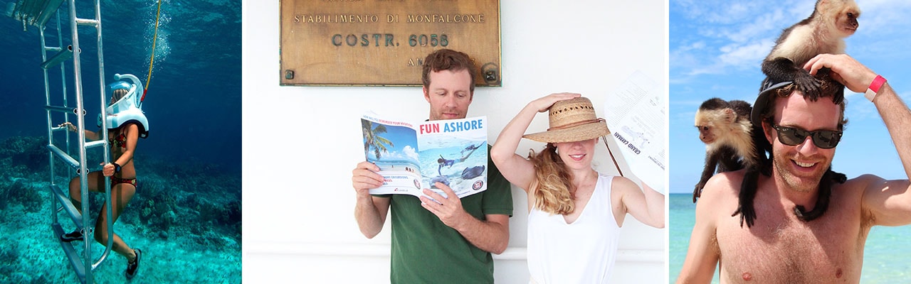 Banner with underwater dive, the couple preparing to jaunt and Man with monkeys