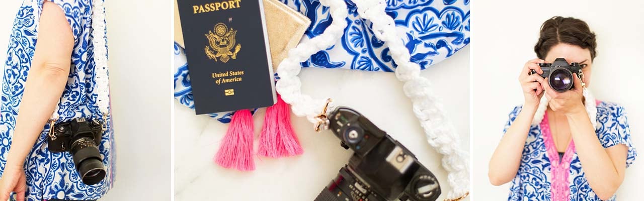 Banner image of a woman with a camera on her shoulder and the DIY strap, the author taking a picture with the strap around her neck.