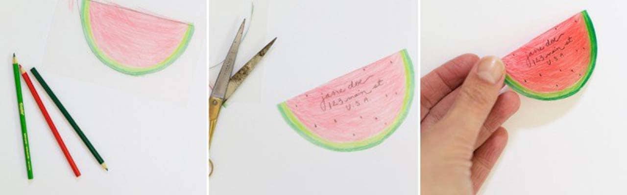 Banner with three states of a watermelon luggage tag creation
