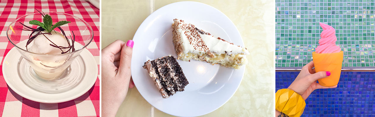 Three images of desserts: gelatto, tiramisu and ice cream