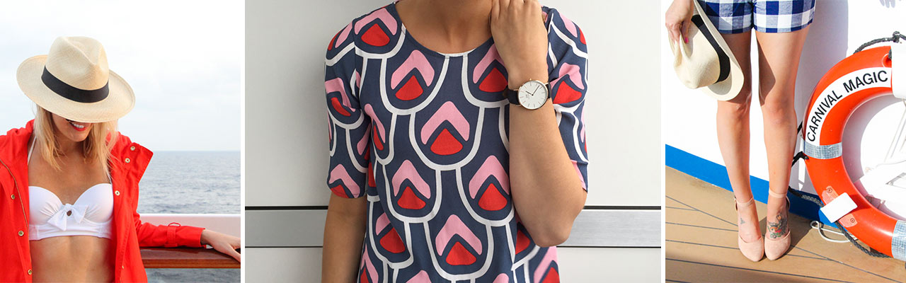 Banner with a woman in a straw trilby, a colorful t-shirt and a view of her shoes next to the life preserver with the Carnival Magic ship name