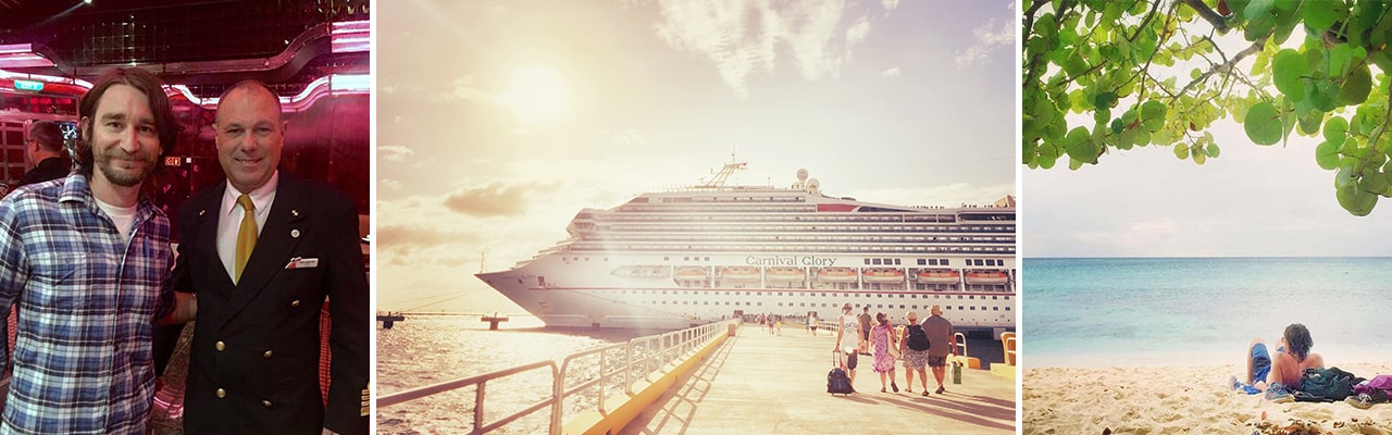 Banner image of a man with cruise staff, the long view of the dock and a man lounging on a beach with trees hanging over