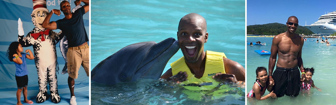 Banner with Man and his daughter posing with cat in the hat, daddy getting a kiss from a dolphin and daddy in the water with his daughters