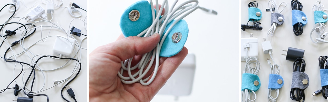 A banner with images of tangled wires, a hand wrapping the cord in the organizer and two rows of cords secured with the felt organizers