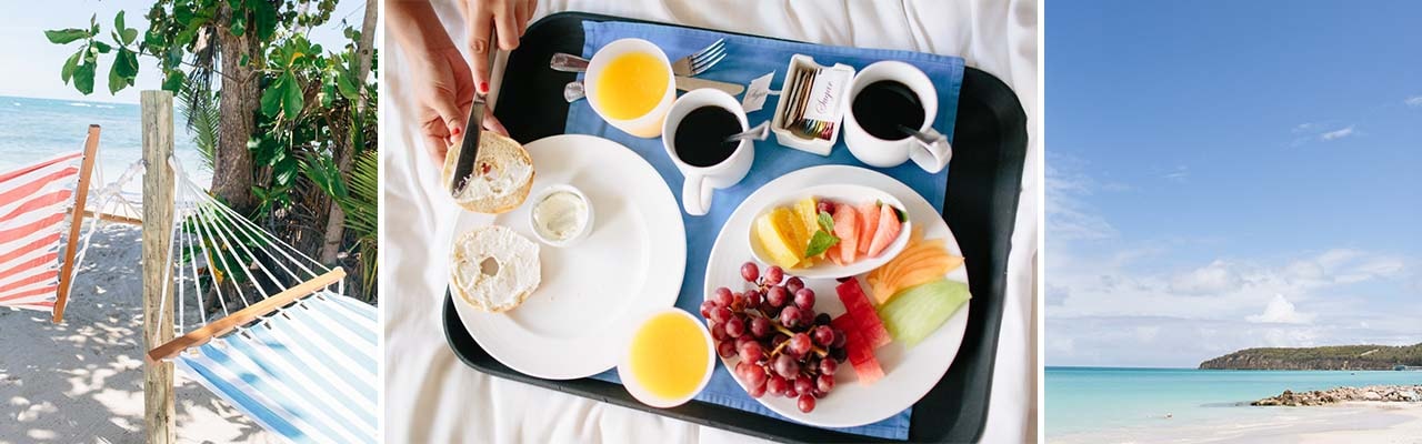 A banner image of hammocks, room service brunch and an empty beach