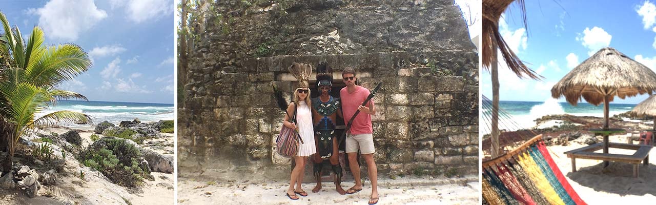 Banner image of three pictures in Cozumel: the beach, couple at the ruins and an outdoor lounge