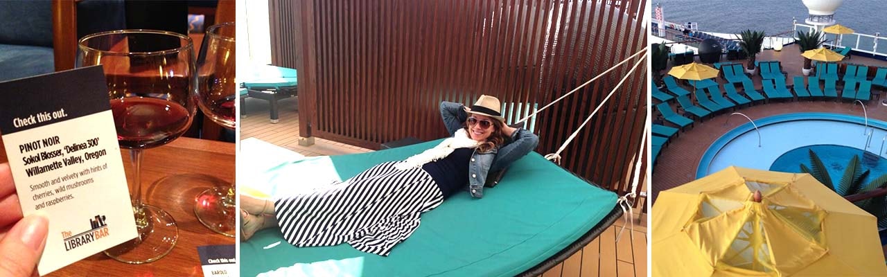 A banner with a wine card, the author relaxing in a comfy hammock and a high level view of the ship's pool