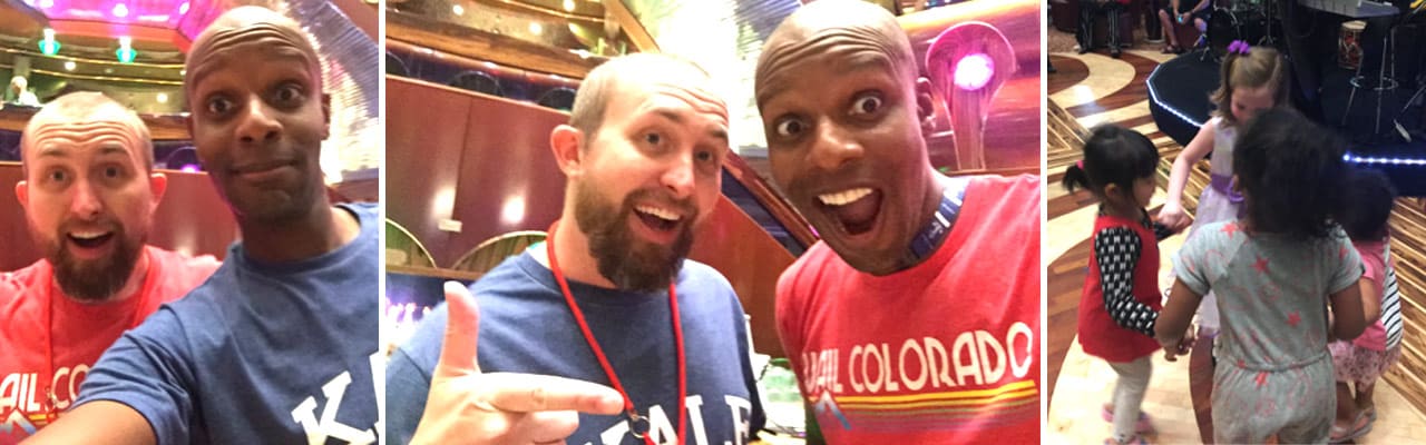 A banner with a man in two of the shots. The third is his kids dancing with other kids on the ship