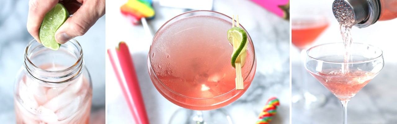 Banner image of a lime being squeezed into a shaker, a finished cosmo with lime and the cosmo being poured out of a shaker