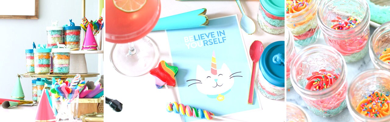 A banner with images of party decorations, an image of a party place setting with cosmo and party favors and jars with cupcakes in them