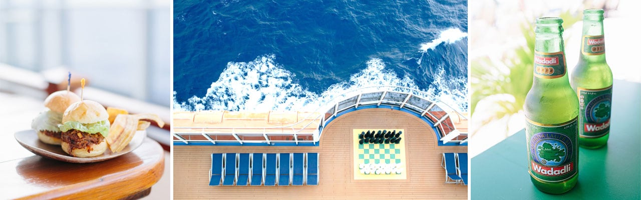 A banner image of two sliders, an overhead shot of a ship's deck with large chess board and two beers on a table.