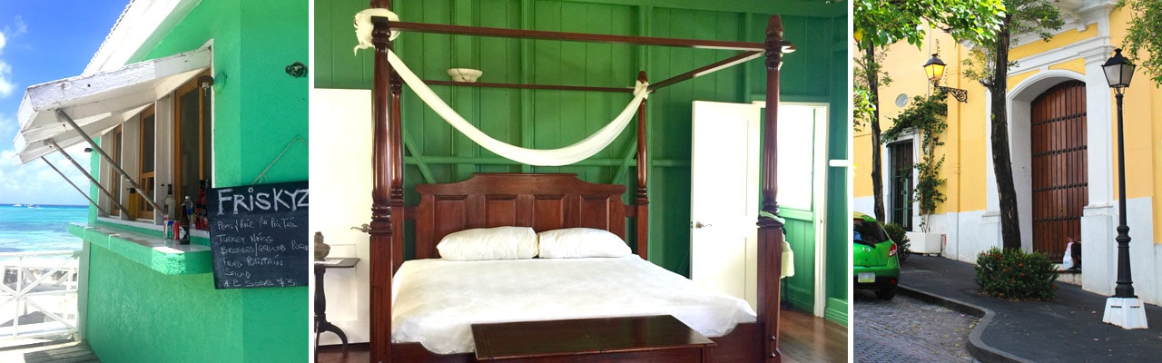 A banner image with a beach stand, a bed and a large wooden doorway on a yellow house