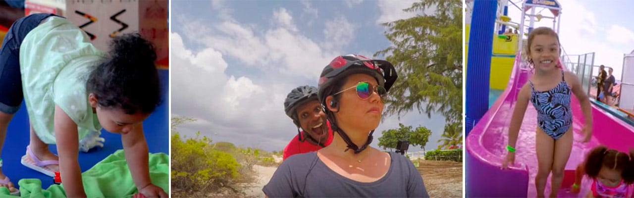 Banner image of a child playing, a man photobombing his wife and a little girl coming out of a water slide