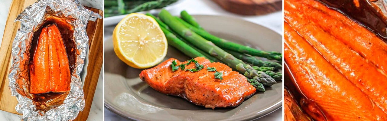 Banner image with three views of Maple Glazed Salmon