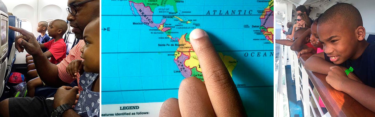 A banner image with a dad showing his child a screen on an airplane, a closeup of the dad pointing to the Caribean on a map and his children looking over the rail on a cruise ship