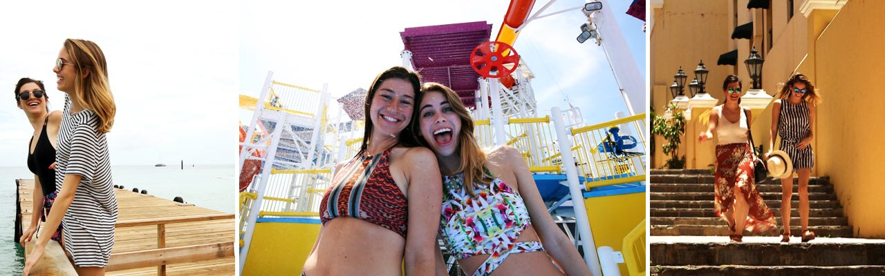Three images of refinery 29's authors on a dock, smiling on the ship in swimsuits and walking down a flight of stairs