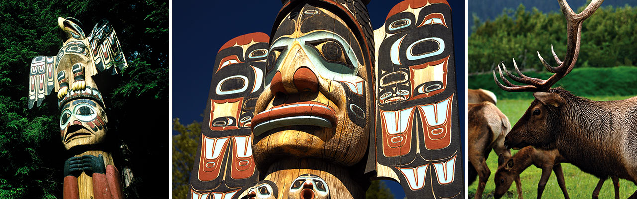 Banner with images of Alaska totem poles and moose
