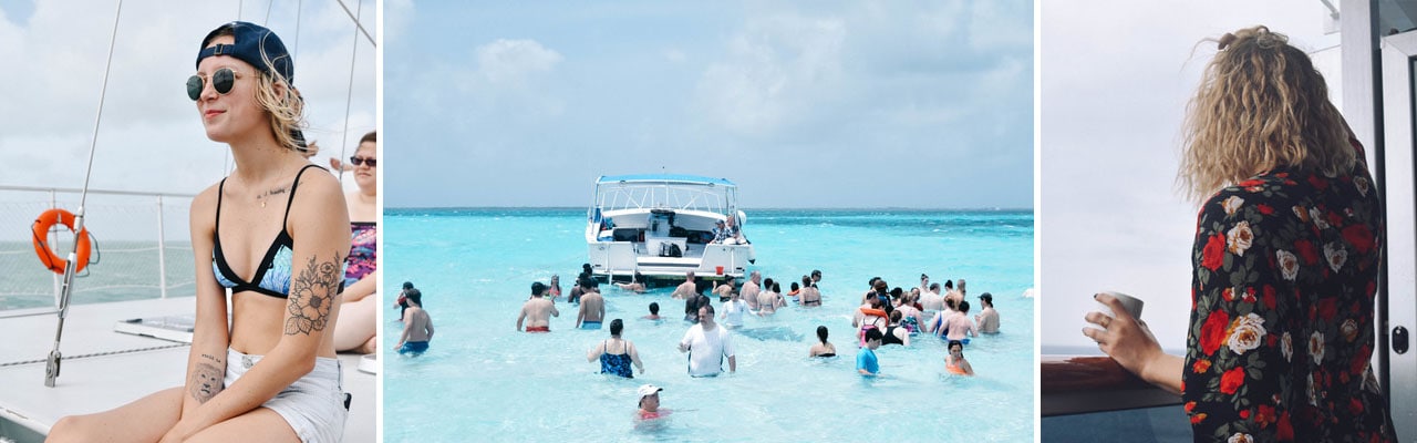Banner of images from grand cayman: woman on catamaran, people in water, woman on cruise balcony