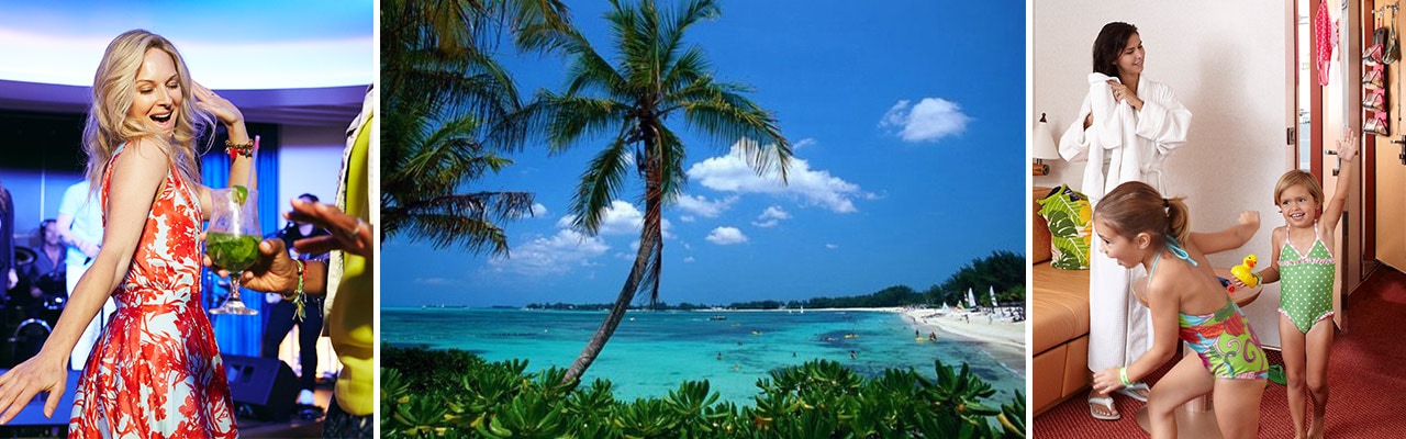 Banner with woman dancing, beach, kids in bathing suits
