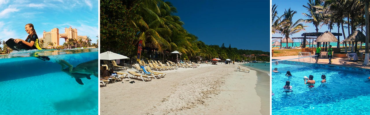 Banner with 3 images: girl swimming with dolphins, beach, people playing pool volleyball
