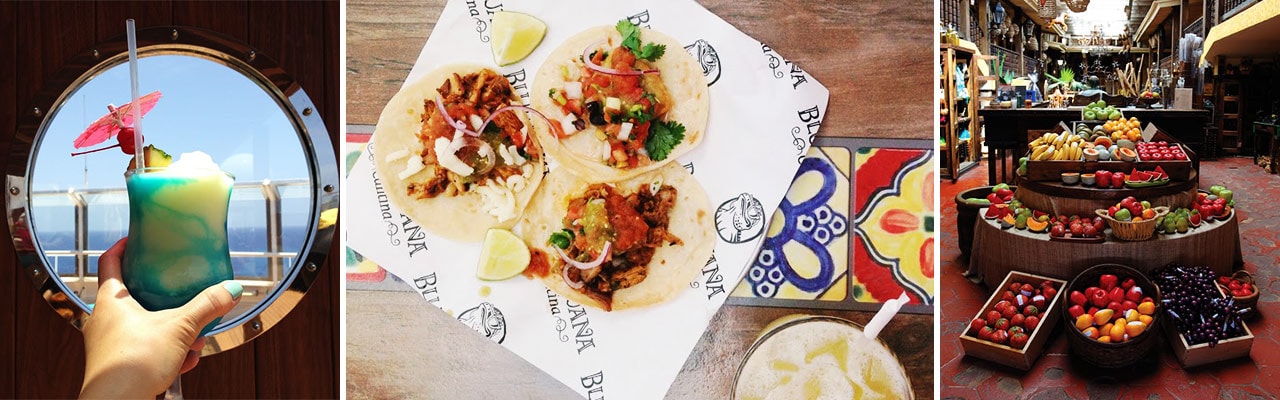 banner of food images: frozen cocktail, tacos and street market