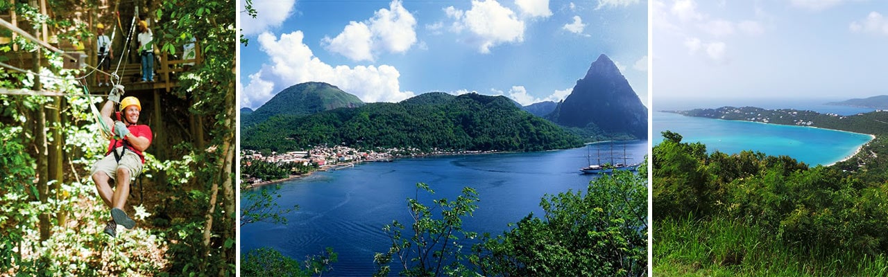 Banner with 3 images: man ziplining, aerial views of water, mountains and beach