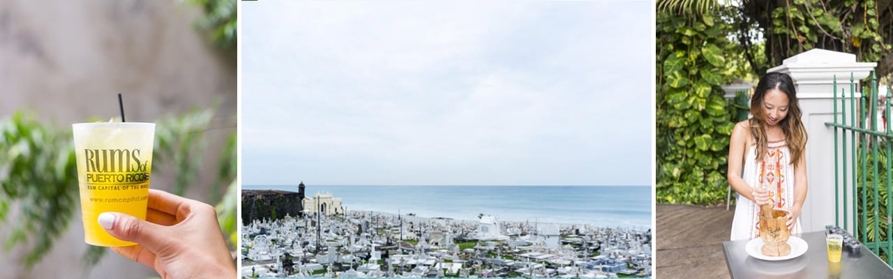 Puerto Rico banner images: cocktail, city view, woman making mofongo