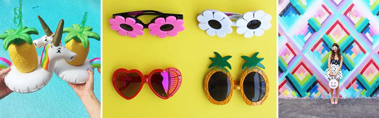 Banner with 3 images: unicorn and pineapple drink decoration, funky sunglasses, woman standing at colorful wall