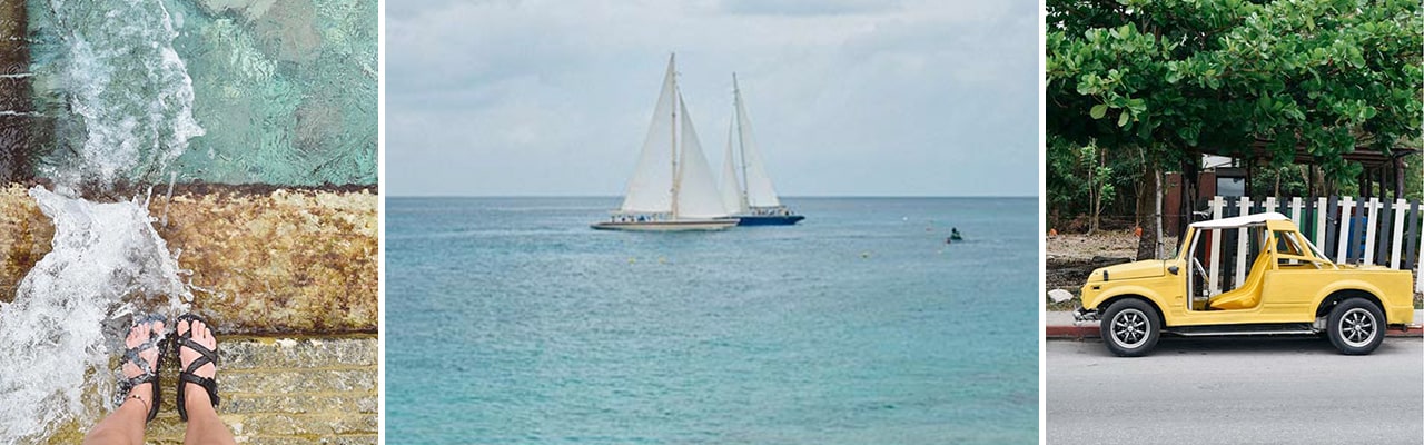 Banner with 3 images: Pair of feet in water, two sail boats in the ocean and a yellow truck in Mexico