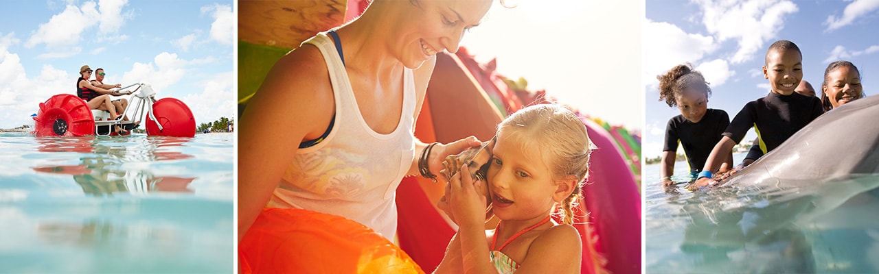 Banner with 3 images: Couple on an Aqua Bike, Mom holding a seashell to daughter's ear, and family petting a dolphin
