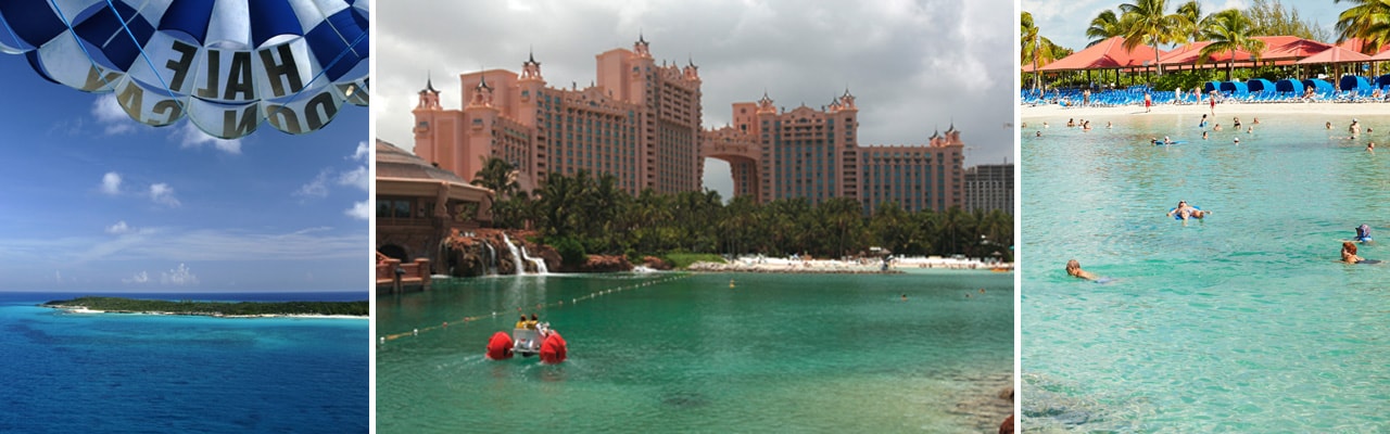 Banner with 3 images: Parasailing, Couple on a Paddle Boat in Atlantis, swimmers in Princess Cay