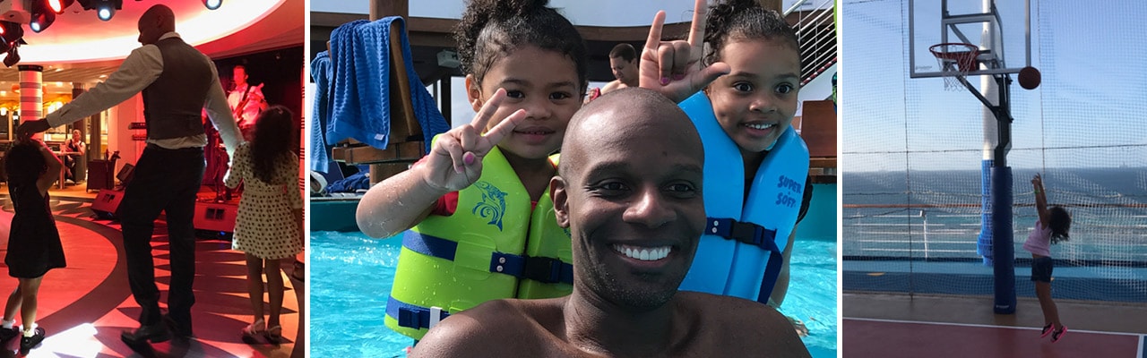 Banner with 3 images: Dad dancing with his two daughters, dad playing in the pool with his two daughters, little girl playing basketball