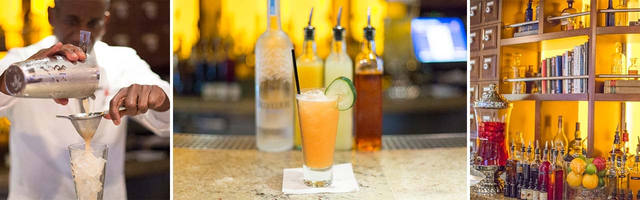 Banner with 3 images: Bartender pouring a drink, cocktail with a cucumber garnish on the bar, and bar shelves