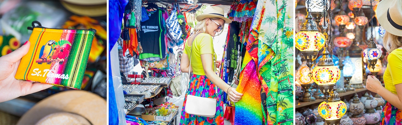 Banner with 3 images: Colorful change purse that syas St. Thomas, Woman looking at colorful scarfs in a market, colorful lamps at a market