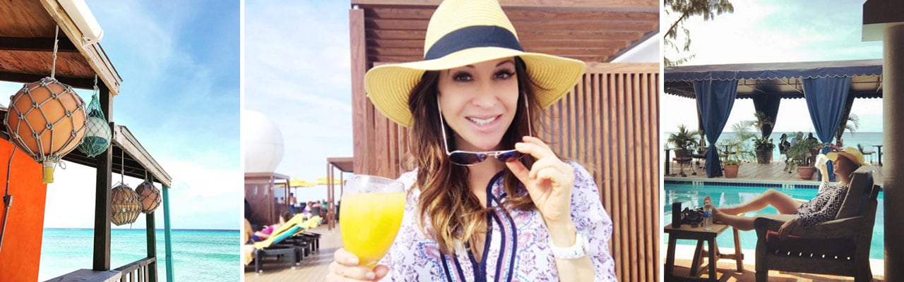 Banner with 3 images: Hut on the beach, woman with a hat and sunglesses on, and a woman lounging on a chair by the pool.